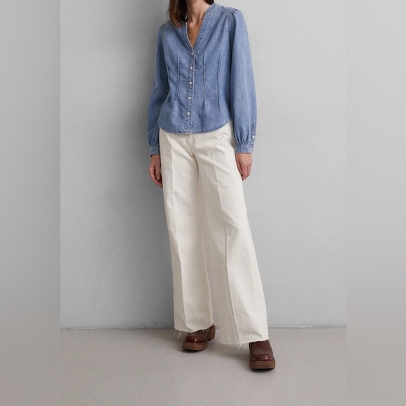 Veronica Beard Sedona Chambray Denim Blouse Sz 4 Quiet Luxury Coastal Feminine - Picture 2 of 12